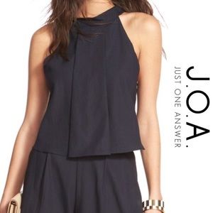 J.O.A. High Neck Linen & Cotton Pleated Tank